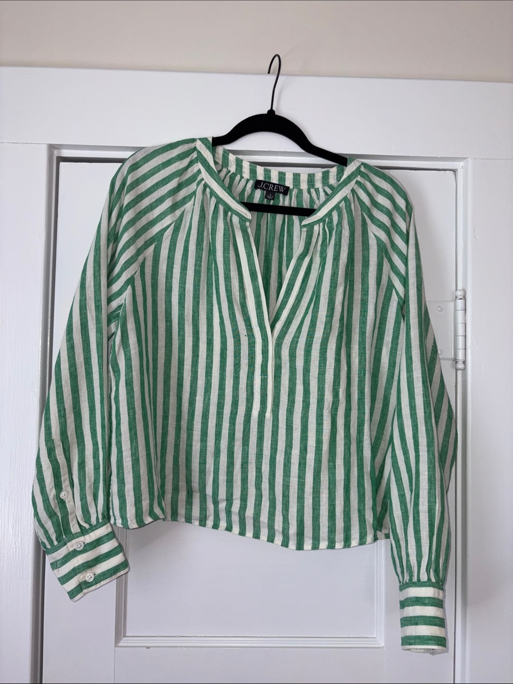 J. Crew Green & White Striped Peasant Blouse